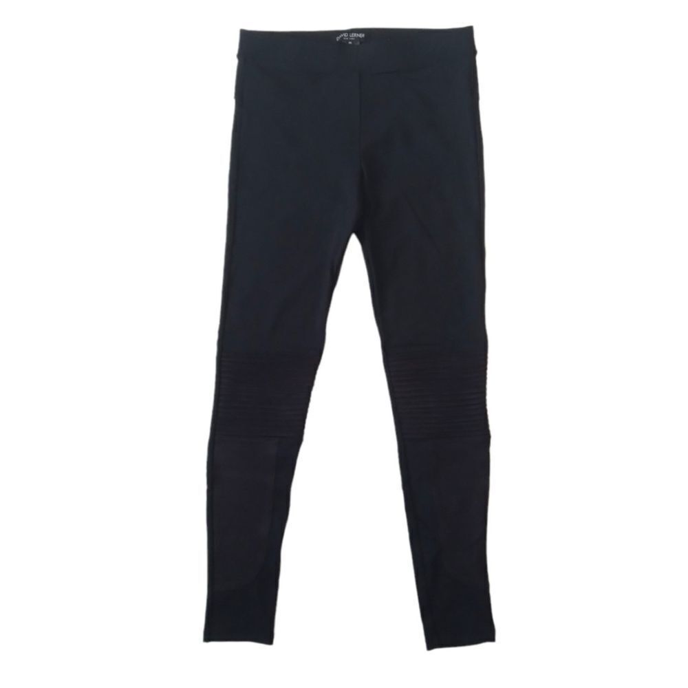 David Lerner Solid Black Suede Panels Mid Rise Full Length Casual Leggings